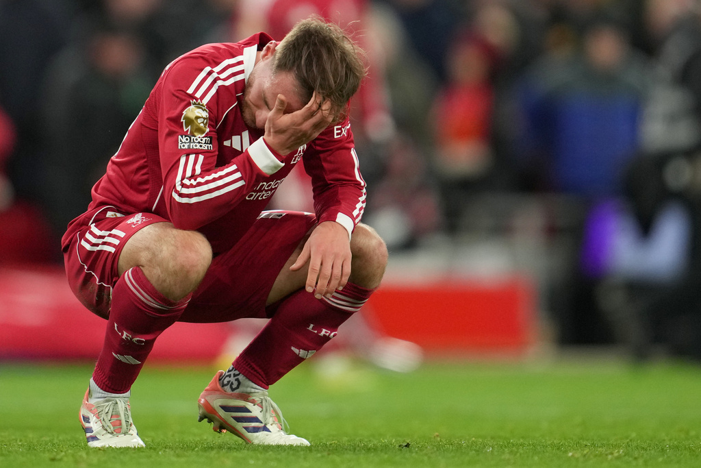 Liverpool's Alexis Mac Allister reacts at the end of the English Premier League soccer match between Liverpool and Leeds United in Liverpool, England, Thursday, Jan. 1, 2026. (AP Photo/Jon Super)