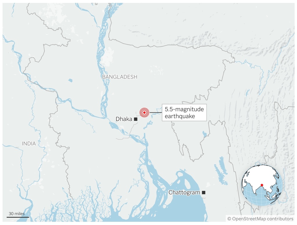 Shows the position of the Bangladesh earthquake, about 16 miles north-east of Dhaka. (AP Digital Embed)