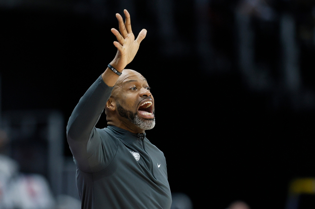 Orlando Magic head coach Jamahl Mosley shouts to his team during the first half in Game 2 of a first-round NBA basketball playoffs series against the Detroit Pistons Wednesday, April 22, 2026, in Detroit. (AP Photo/Duane Burleson)