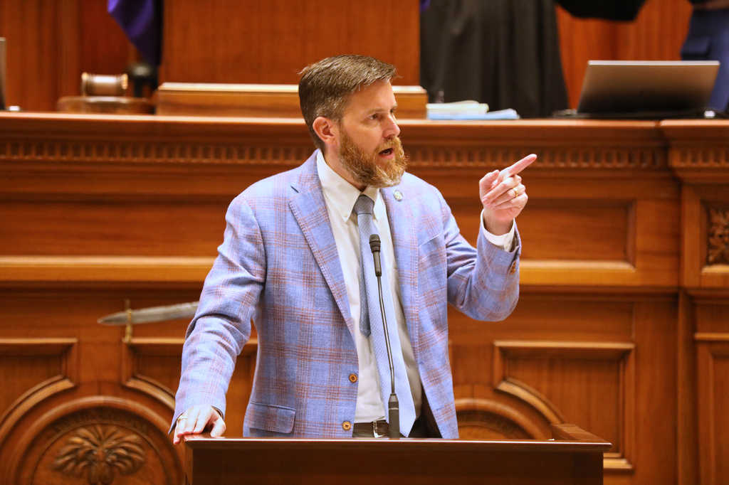 South Carolina Sen. Ed Sutton, D-Charleston, speaks on the Senate floor on Wednesday, April 1, 2026, in Columbia, S.C. (AP Photo/Jeffrey Collins)
