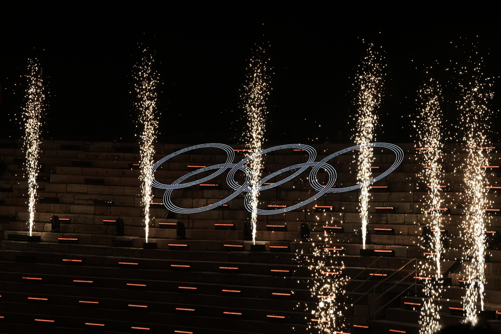 The Olympic rings stand out during the closing ceremony of the 2026 Winter Olympics, in Verona, Italy, Sunday, Feb. 22, 2026. (AP Photo/Antonio Calanni)