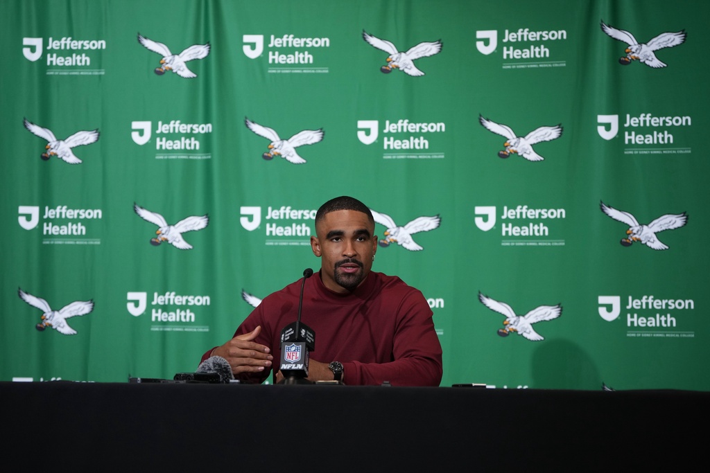 Philadelphia Eagles quarterback Jalen Hurts speaks after an NFL football game against the New York Giants on Sunday, Oct. 26, 2025, in Philadelphia. (AP Photo/Matt Slocum)
