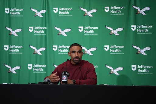Philadelphia Eagles quarterback Jalen Hurts speaks after an NFL football game against the New York Giants on Sunday, Oct. 26, 2025, in Philadelphia. (AP Photo/Matt Slocum) Philadelphia Eagles quarterback Jalen Hurts speaks after an NFL football game against the New York Giants on Sunday, Oct. 26, 2025, in Philadelphia. (AP Photo/Matt Slocum)