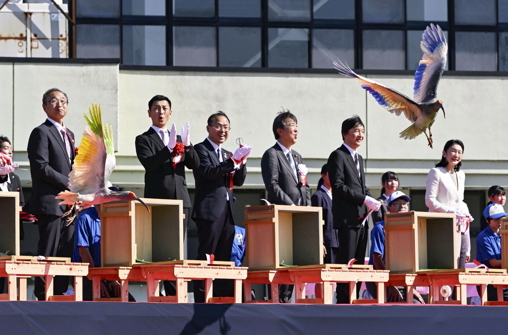 Japan's Crown Prince Akishino, second right, Crown Princess Kiko, right, and other officials watch a crested Ibis marked with painted wings released into wild during an event in Hakui, Japan, Sunday, May 31, 2026. (Japan Pool/Kyodo News via AP)