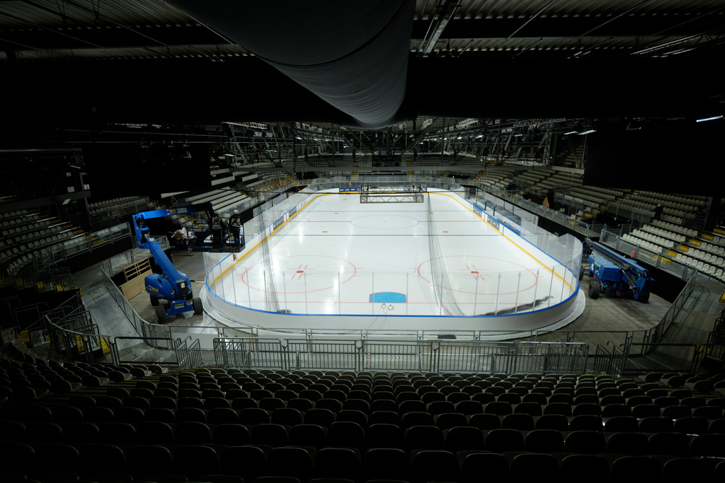 An overview of the Ice Skating Arena where some Ice Hockey matches of the Milan Cortina 2026 Winter Olympics will take place, in Rho, outskirt of Milan, Friday, Dec.5, 2025. (AP Photo/Luca Bruno)