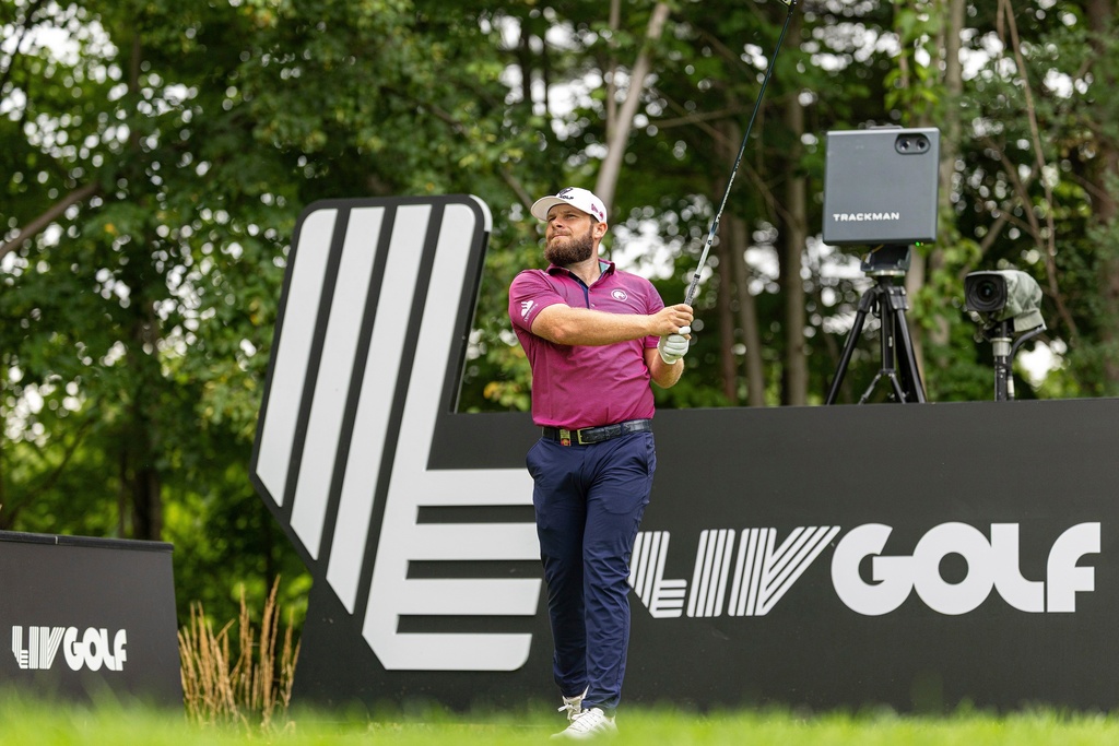FILE - Tyrrell Hatton, of Legion XIII, hits his shot from the 13th tee during the semifinals of LIV Golf Team Championship Michigan at The Cardinal at Saint John's, Saturday, August 23, 2025 in Plymouth, Mich. (Scott Taetsch/LIV Golf via AP, File)