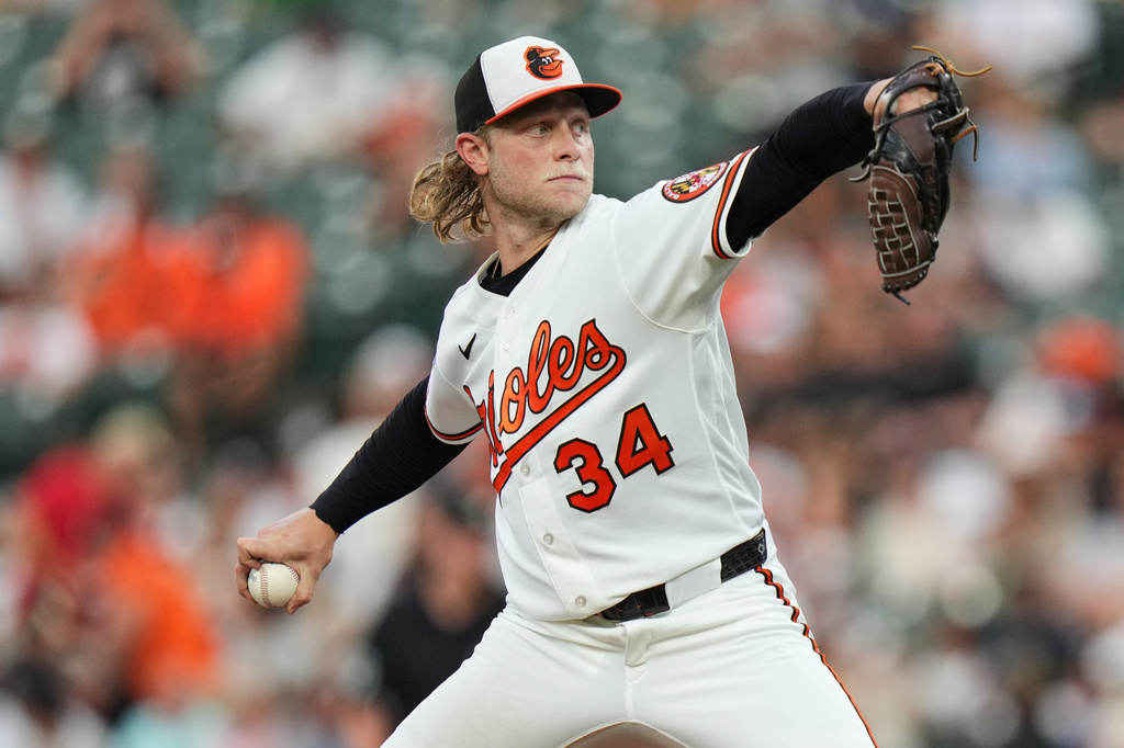 Baltimore Orioles starting pitcher Shane Baz (34) delivers during the third inning of a baseball game against the New York Yankees, Tuesday, Aug. 18, 2026, in Baltimore. (AP Photo/Stephanie Scarbrough)