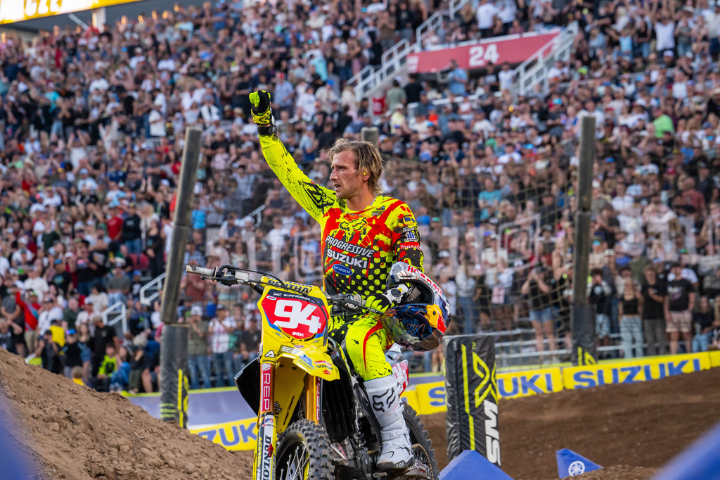 This photo provided by SMX League shows Ken Roczen raising a fist during the 2026 Supercross championship Saturday, May 9, 2026, in Salt Lake City. (SMX League via AP)