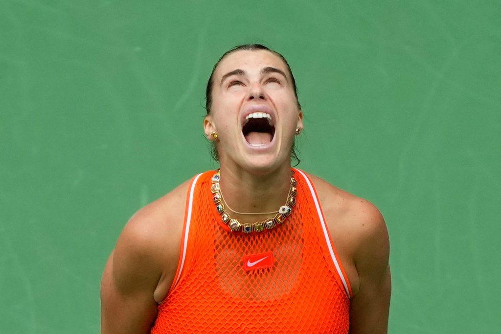 Aryna Sabalenka, of Belarus, reacts during the women's singles final of the U.S. Open tennis championships against Elena Rybakina, of Kazakhstan, Saturday, Sept. 12, 2026, in New York. (AP Photo/Yuki Iwamura)