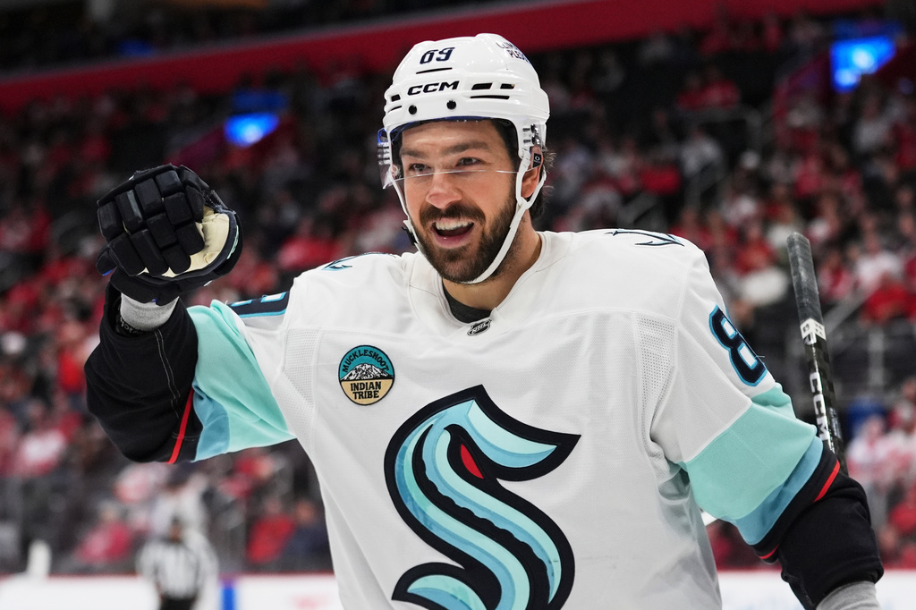 Seattle Kraken center Frederick Gaudreau (89) celebrates his goal against the Detroit Red Wings in the second period of an NHL hockey game Friday, Oct. 9, 2026, in Detroit. (AP Photo/Paul Sancya)