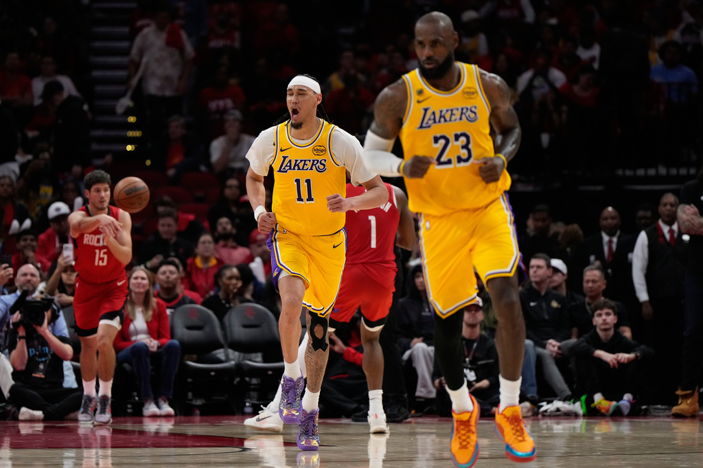 Los Angeles Lakers center Jaxson Hayes (11) celebrates during the second half of Game 6 of a first-round NBA playoffs basketball series against the Houston Rockets in Houston, Friday, May 1, 2026. (AP Photo/Ashley Landis)