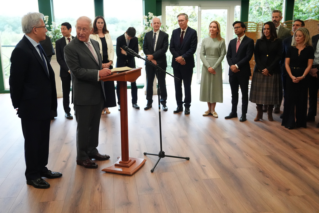 Britain's King Charles III gives a speech during a meeting for leaders from the artificial intelligence (AI) sector, Government, and thought leaders to discuss how AI can be developed and deployed in ways that benefit society, at Dumfries House in Cumnock, Scotland, Thursday Sept. 17, 2026. (Jonathan Brady/PA via AP, Pool)