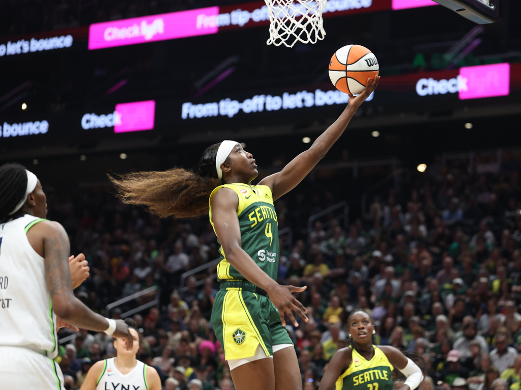 Seattle Storm guard Flau'jae Johnson goes for a layup against the Minnesota Lynx during the first half of a WNBA basketball game Monday, July 20, 2026, in Seattle. (Dean Rutz/The Seattle Times via AP)