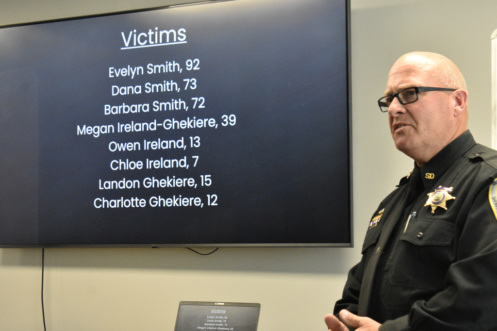 Yellowstone County Sheriff Kent O'Donnell speaks during a press conference Wednesday, Aug. 26, 2026, in Billings, Mont., about the victims of a weekend shooting and house fire in which the suspect and eight family members were killed. (AP Photo/Matthew Brown)