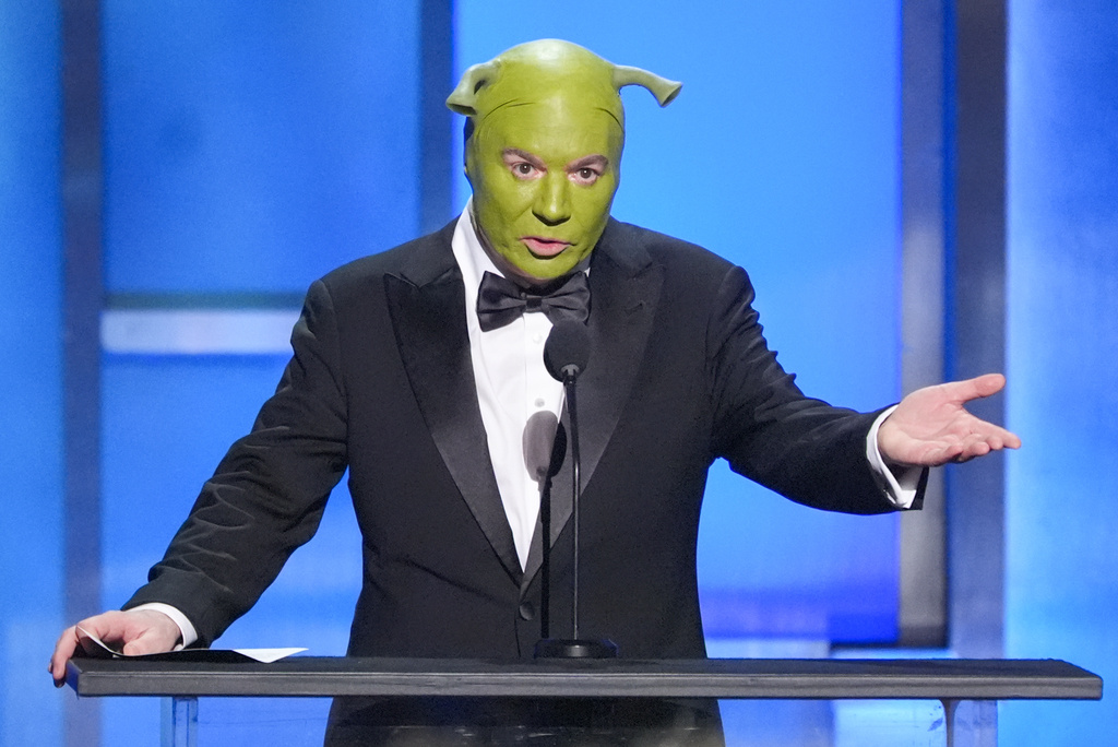 Mike Myers speaks during the 51st AFI Life Achievement Award tribute to Eddie Murphy on Saturday, April 18, 2026, at the Dolby Theatre in Los Angeles. (AP Photo/Chris Pizzello)