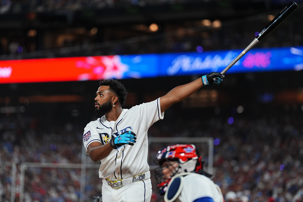Tampa Bay Rays' Junior Caminero competes during the MLB baseball All-Star Home Run Derby, Monday, July 13, 2026, in Philadelphia. (AP Photo/Matt Rourke)