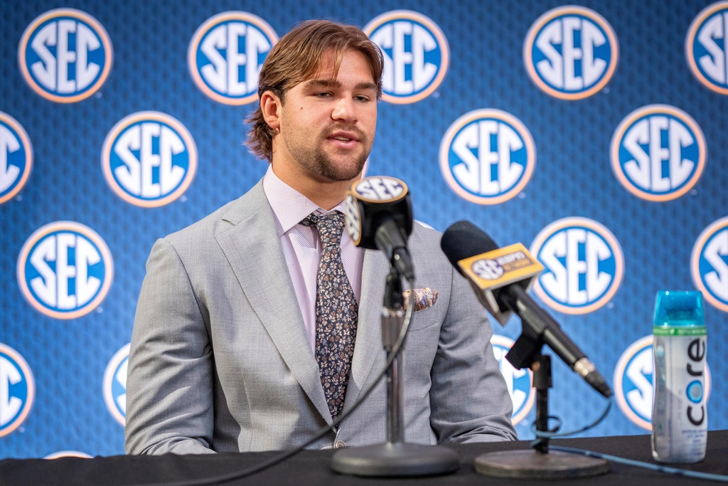 FILE - Vanderbilt linebacker Langston Patterson takes questions during the Southeastern Conference NCAA college football media days July 15, 2024, in Dallas. (AP Photo/Jeffrey McWhorter, File)