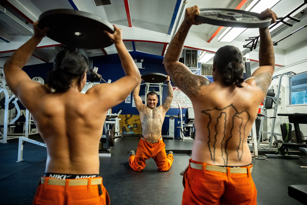 Damien Rubalcava, center, lifts weights in a gym at the Pine Grove Youth Conservation Camp, July 14, 2025, in Red Corral, Calif. (AP Photo/Ethan Swope)