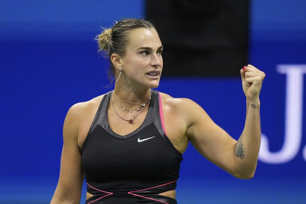 Aryna Sabalenka, of Belarus, reacts after winning a match against Jessica Pegula, of the United States, during the women's singles semifinals of the U.S. Open tennis championships, Thursday, Sept. 4, 2025, in New York. (AP Photo/Frank Franklin II)