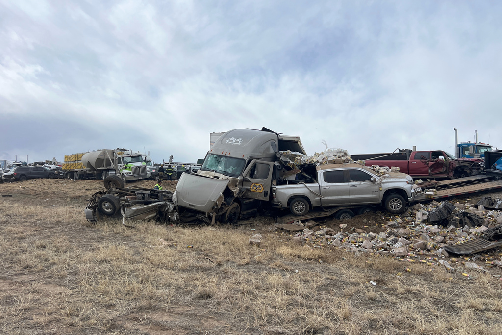 This photo provided by Colorado State Patrol shows a multi-vehicle crash on Interstate 25 near Pueblo, Colo., Tuesday, Feb. 17, 2026. (Colorado State Patrol via AP)