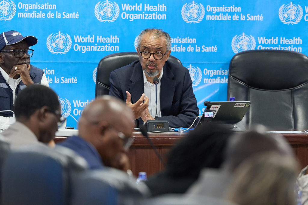 In this photo released by the World Health Organization (WHO), Tedros Adhanom Ghebreyesus, WHO Director General, speaks during a meeting with partners in Kinshasa, Congo, Wednesday, Aug 5, 2026. (World Health Organization Via AP)