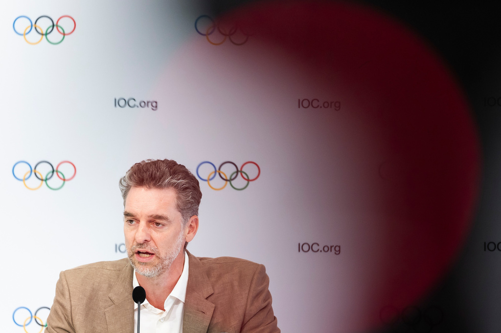 Chair of the International Olympic Committee (IOC) Athletes' Commission Pau Gasol speaks during a press conference at the end of the first day of the 146th Session of the International Olympic Committee (IOC) at the SwissTech Convention Centre, in Lausanne, Switzerland, Wednesday, June 24, 2026. (Cyril Zingaro/Keystone via AP)