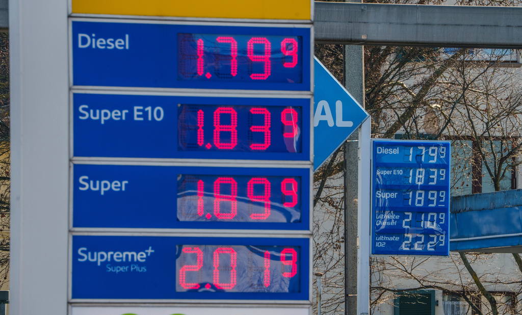 Petrol prices are displayed at a filling station in Frankfurt, Germany, Monday, March 2, 2026. (Andreas Arnold/dpa via AP)