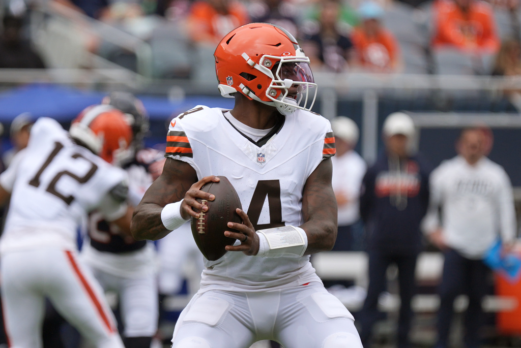 Cleveland Browns quarterback Deshaun Watson (4) passes during the first half of a preseason NFL football game, Saturday, Aug. 15, 2026, in Chicago. (AP Photo/David Banks)