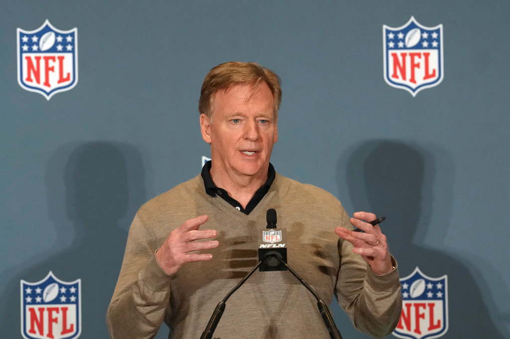 NFL Commissioner Roger Goodell speaks during a news conference at the NFL football annual meetings, Tuesday, March 31, 2026, in Phoenix. (AP Photo/Ross D. Franklin)