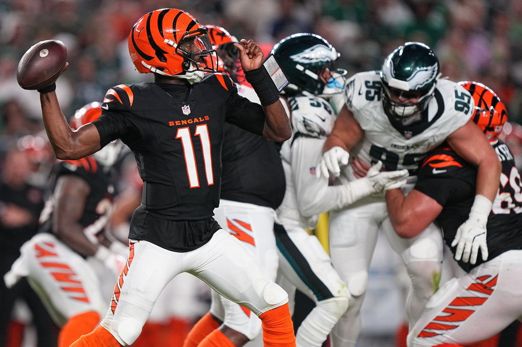 Cincinnati Bengals quarterback Josh Johnson (11) looks to pass during the first half of a preseason NFL football game against the Philadelphia Eagles on Friday, Aug. 28, 2026, in Philadelphia. (AP Photo/Matt Rourke)