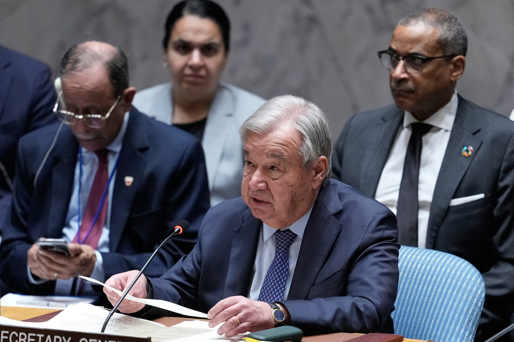 United Nations Secretary-General António Guterres speaks during a Security Council meeting at United Nations headquarters, Tuesday, May 26, 2026. (AP Photo/Seth Wenig)