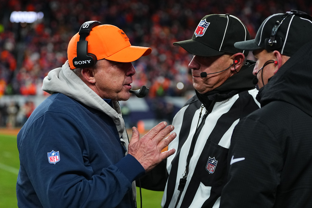 Denver Broncos head coach Sean Payton disputes a call during overtime of an NFL divisional round playoff football game against the Buffalo Bills, Saturday, Jan. 17, 2026, in Denver. (AP Photo/Jack Dempsey)