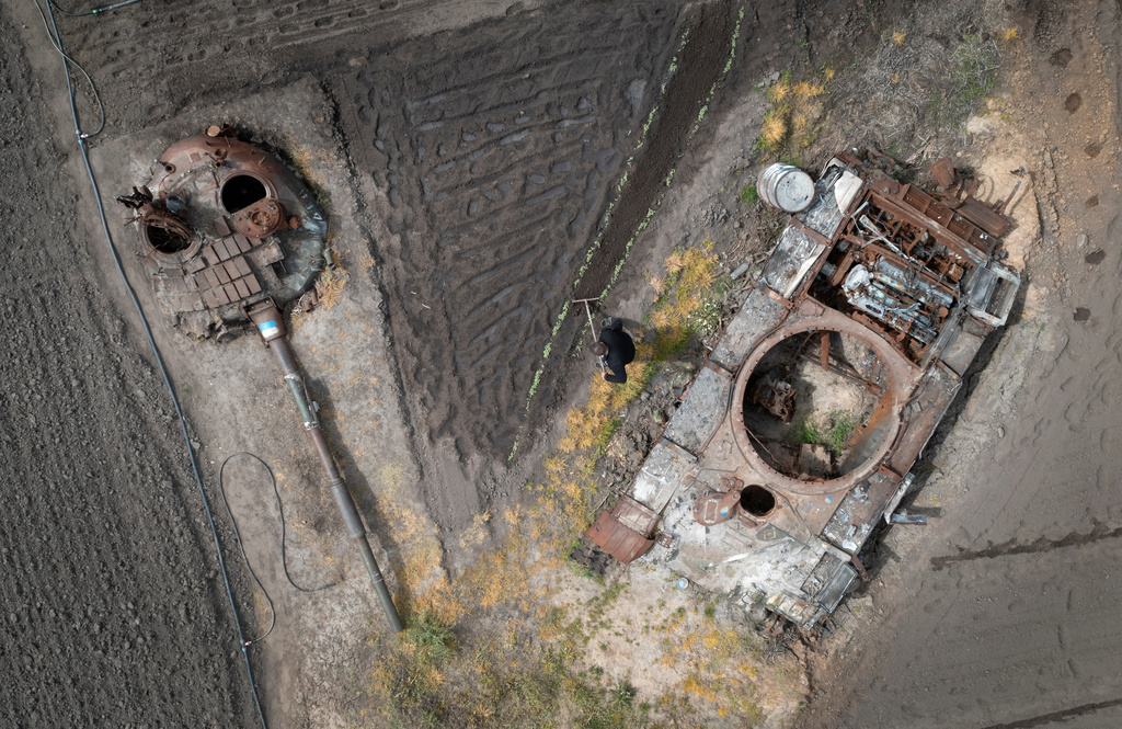 FILE - A man plants sunflowers in his garden between a damaged Russian tank and its turret in the village of Velyka Dymerka, Kyiv region, Ukraine, Wednesday, May 17, 2023. (AP Photo/Efrem Lukatsky, File)