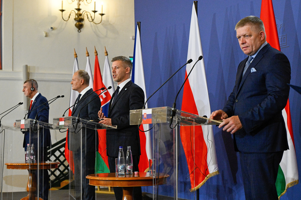 From left, Czech Republic's Premier Andrej Babis, Poland's Premier Donald Tusk, Hungary's Premier Peter Magyar and Slovakia's Premier Robert Fico hold a press conference to conclude the one-day the summit of the Visegrad Group (V4) countries in the Royal Castle in Godollo, northern Hungary, Tuesday, June 23, 2026. (Robert Hegedus/MTI via AP)