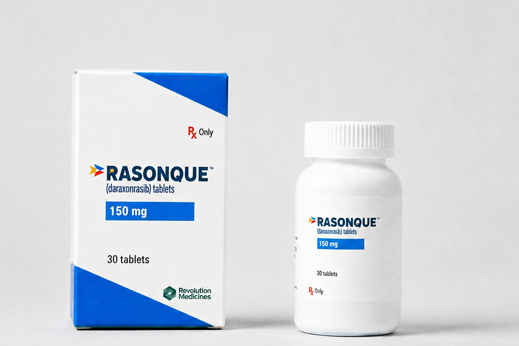 This photo provided by Revolution Medicines on Wednesday, Aug. 26, 2026 shows packaging for the new pancreatic cancer drug, daraxonrasib, under the brand name Rasonque. (Revolution Medicines via AP)