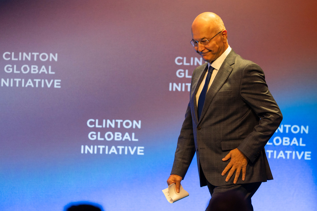Barham Salih walks on stage during the Clinton Global Initiative, Wednesday, Sept. 23, 2026, in New York. (AP Photo/Ishika Samant)