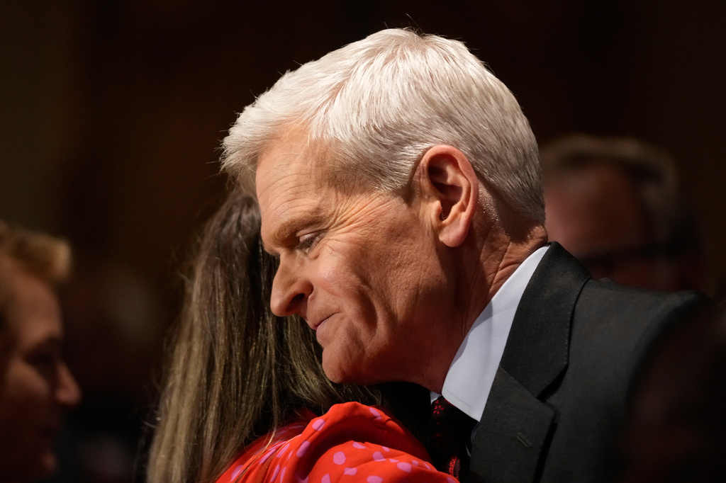Sen. Bill Cassidy, R-La., right, hugs a supporter during an election night watch party Saturday, May 16, 2026, in Baton Rouge, La. (AP Photo/Gerald Herbert)