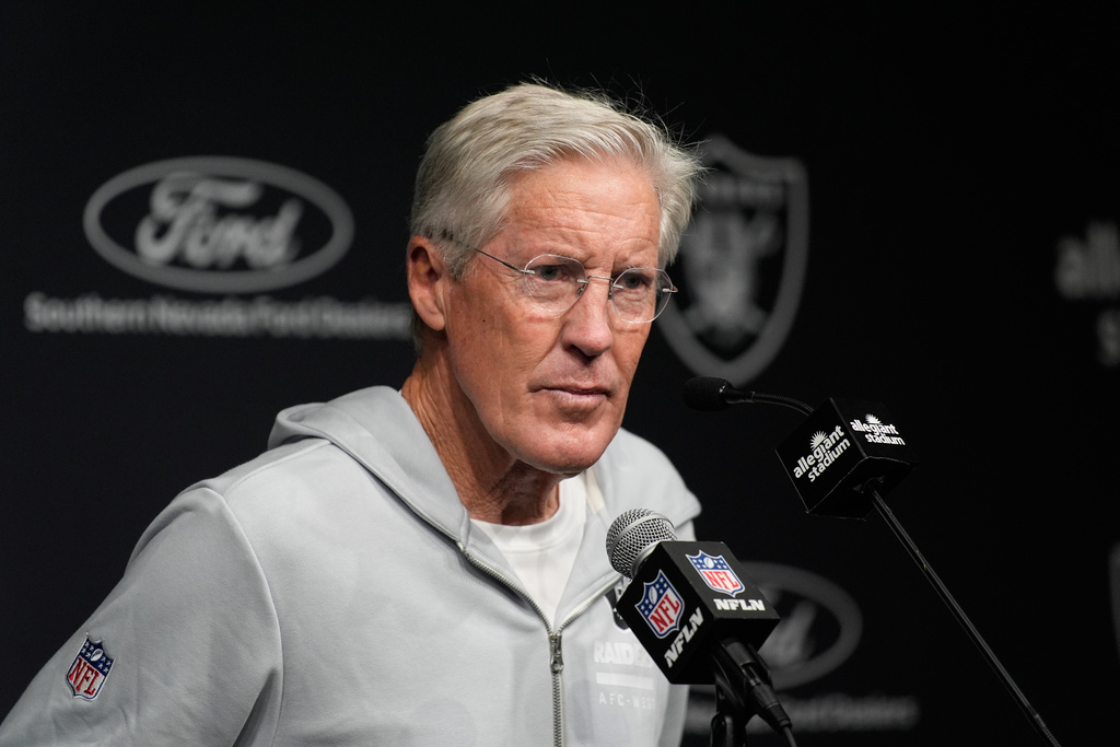 Las Vegas Raiders head coach Pete Carroll speaks during a news conference following an NFL football game against the Kansas City Chiefs Sunday, Jan. 4, 2026, in Las Vegas. (AP Photo/John Locher)