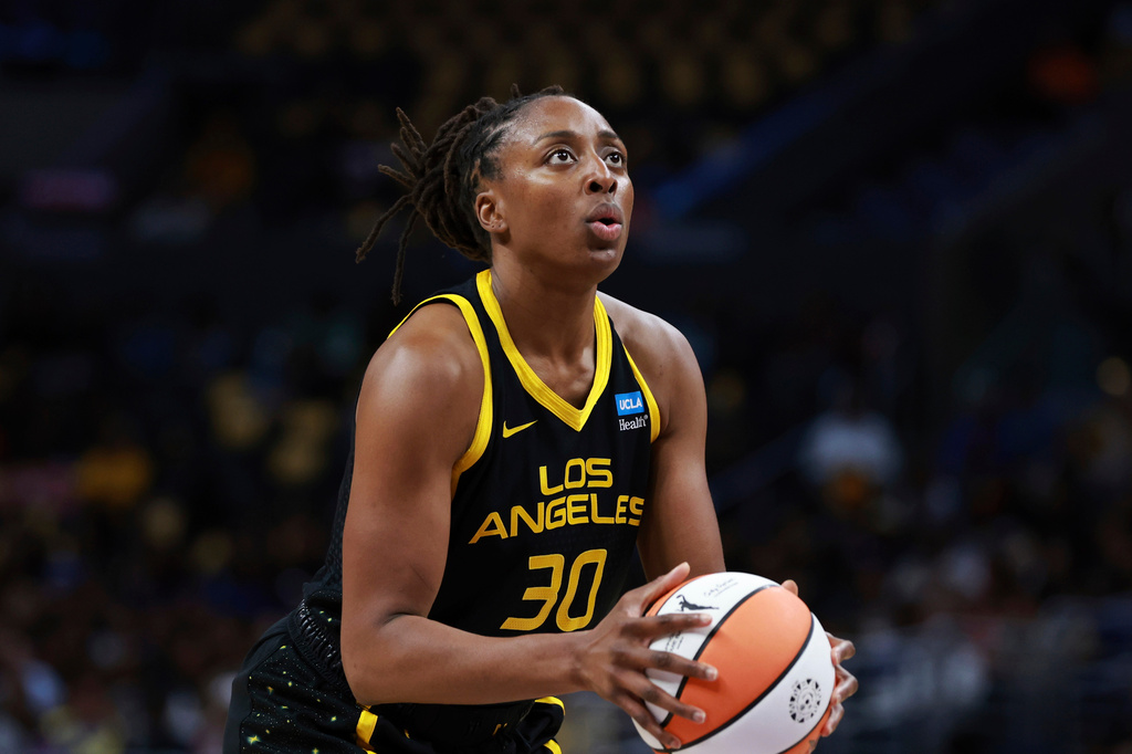 FILE - Los Angeles Sparks forward Nneka Ogwumike (30) against the Phoenix Mercury during a WNBA basketball game, Friday, May 19, 2023, in Los Angeles. (AP Photo/Jeff Lewis, File)