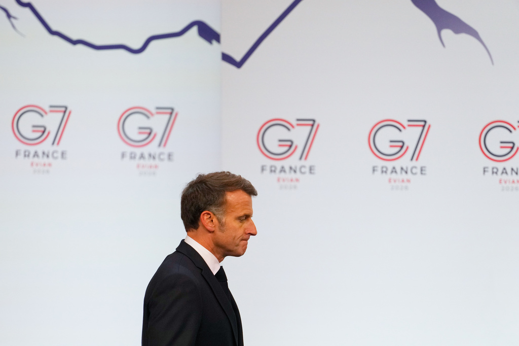 French President Emmanuel Macron arrives during a media conference at the end of the G7 summit in Evian-les-Bains, France, Wednesday, June 17, 2026. (AP Photo/Vadim Ghirda)