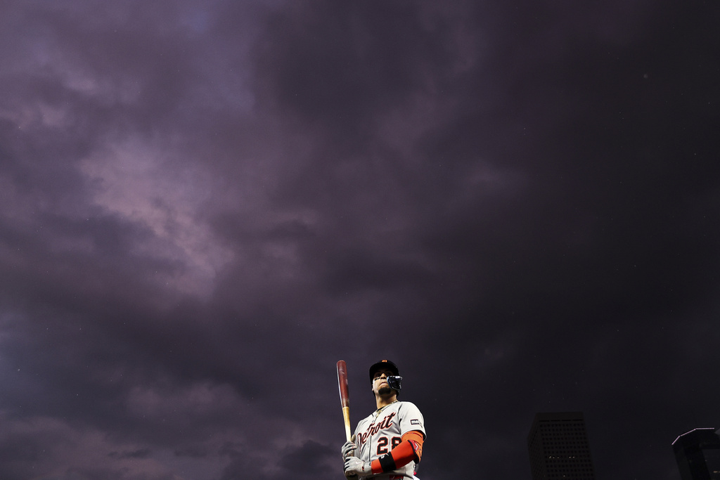 Detroit Tigers' Javier Báez (28) prepares for an at-bat against the Minnesota Twins during the third inning of baseball game Friday, Aug. 15, 2025, in Minneapolis. (AP Photo/Matt Krohn)