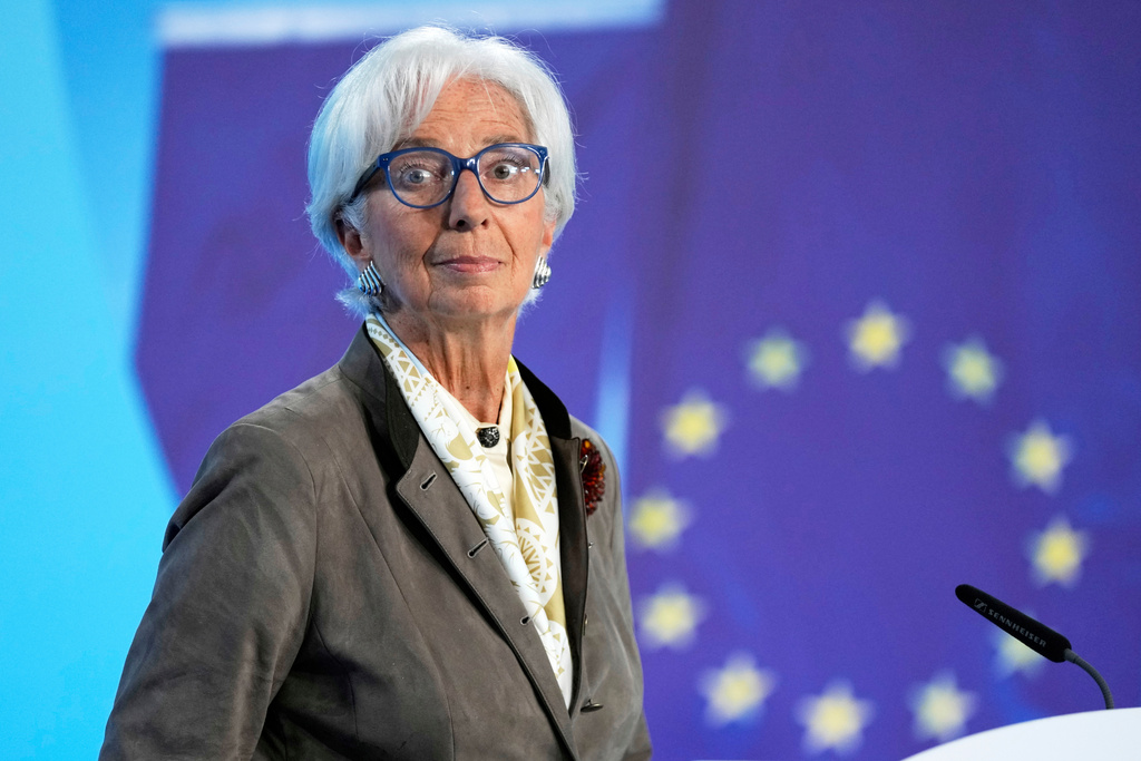 FILE - President of the European Central Bank Christine Lagarde briefs the media during a press conference at the bank's headquarters in Frankfurt, Germany, Thursday, Sept. 11, 2025. (AP Photo/Michael Probst, File)