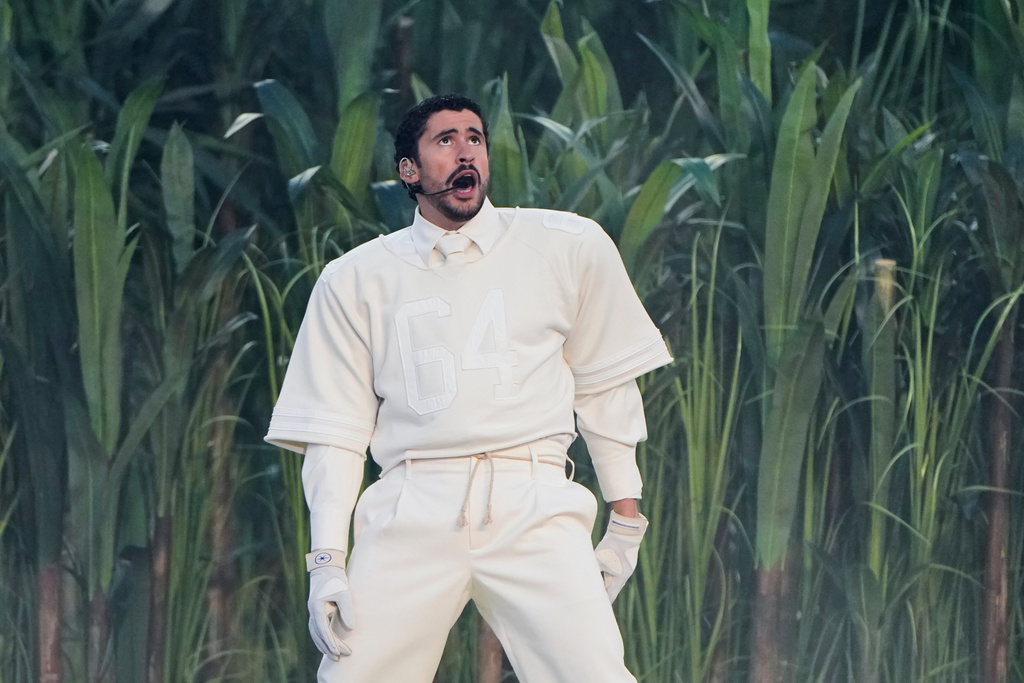 Bad Bunny performs during halftime of the NFL Super Bowl 60 football game between the New England Patriots and the Seattle Seahawks, Sunday, Feb. 8, 2026, in Santa Clara, Calif. (AP Photo/Charlie Riedel)