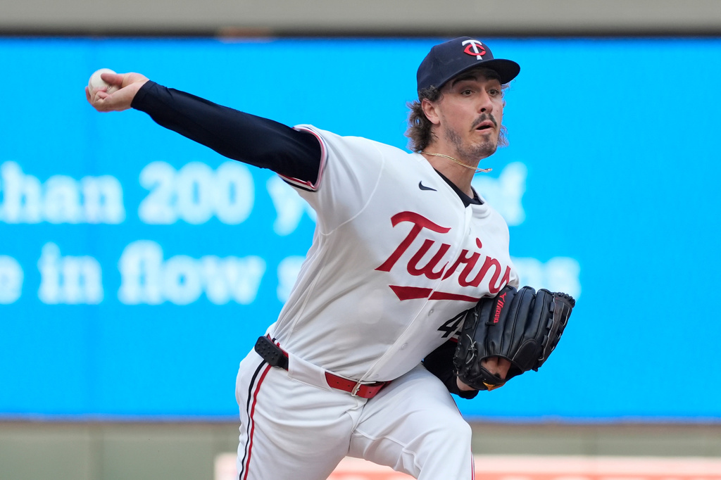 Minnesota Twins starting pitcher Joe Ryan throws to the Kansas City Royals in the first inning of a baseball game Wednesday, July 29, 2026, in Minneapolis. (AP Photo/Bruce Kluckhohn)