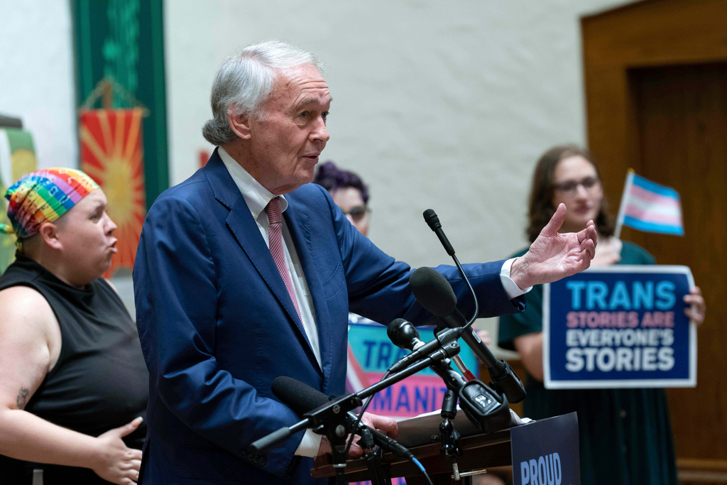 FILE - Sen. Ed Markey, D-Mass., speaks during a transgender rights rally at the Lutheran Church of the Reformation on Capitol Hill, Wednesday, June 18, 2025, in Washington. (AP Photo/Jose Luis Magana,File)