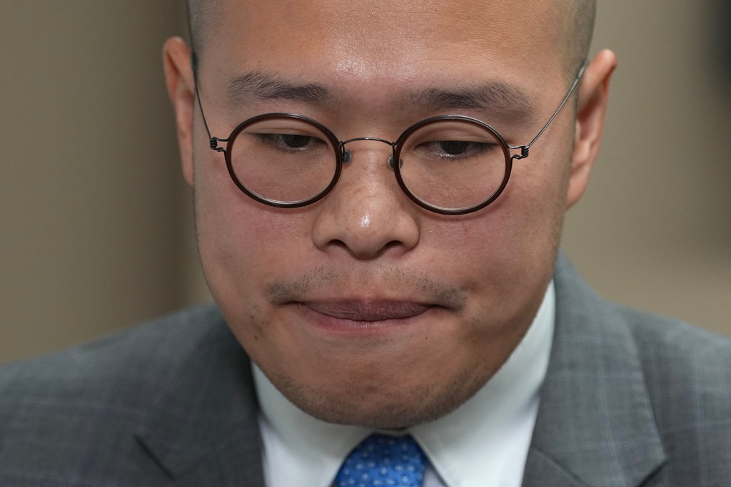 Sebastien Lai, son of Jimmy Lai, speaks during an interview with the Associated Press in London, Monday, Feb. 9, 2026. (AP Photo/Kin Cheung)