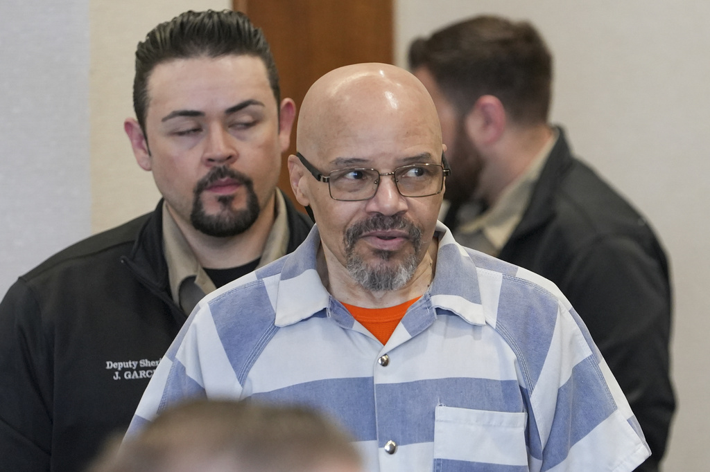Douglas Carter, who was sentenced to death in 1985 and had his conviction reversed in 2025, is brought into the courtroom for a hearing in 4th District Court in Provo, Utah, Friday, April 3, 2026. (Chris Samuels/The Salt Lake Tribune via AP, Pool)