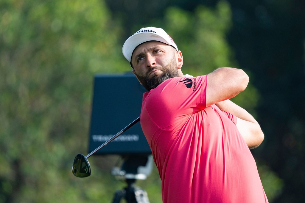 Captain Jon Rahm of Legion XIII hits his shot during the third round of LIV Golf tournament, Saturday, March 7, 2026, in Fanling, Hong Kong. (LIV Golf via AP)