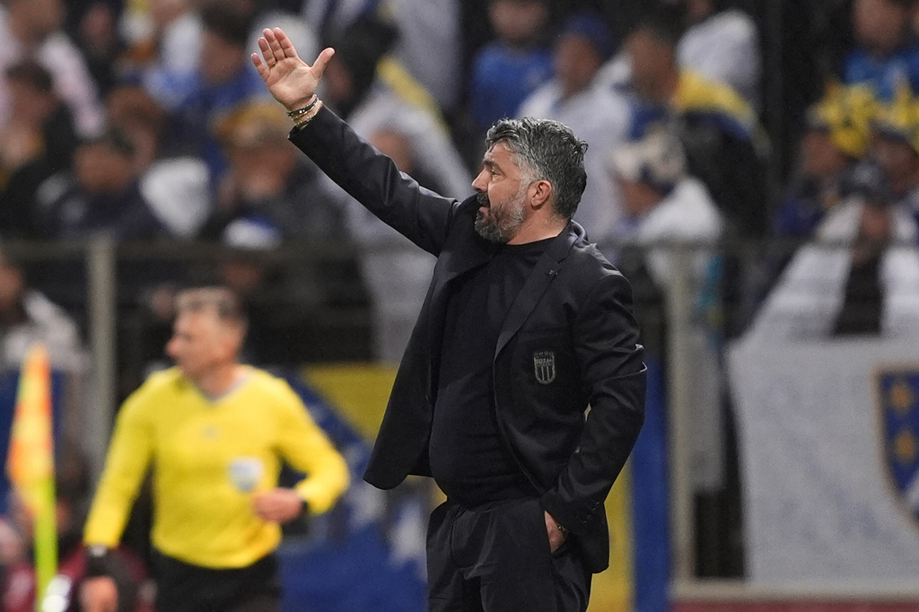Italy's coach Gennaro Gattuso directs his team during the World Cup qualifying playoff final soccer match between Bosnia and Italy in Zenica, Bosnia, Tuesday, March 31, 2026. (Fabio Ferrari/LaPresse via AP)