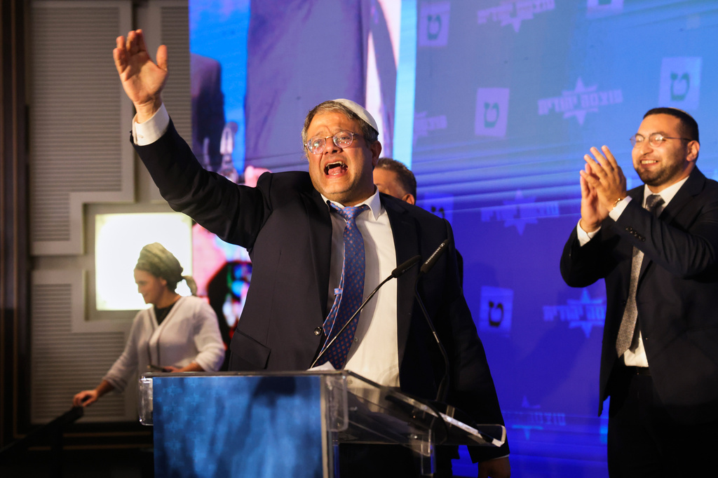 FILE - Israeli far-right lawmaker Itamar Ben-Gvir gestures after election exit poll results are released at his party's headquarters in Jerusalem on Nov. 2, 2022. (AP Photo/Oren Ziv, File)